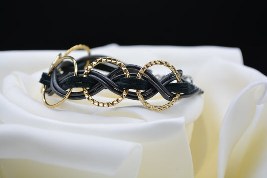 Mens Black Leather and 5-Ring Bracelet